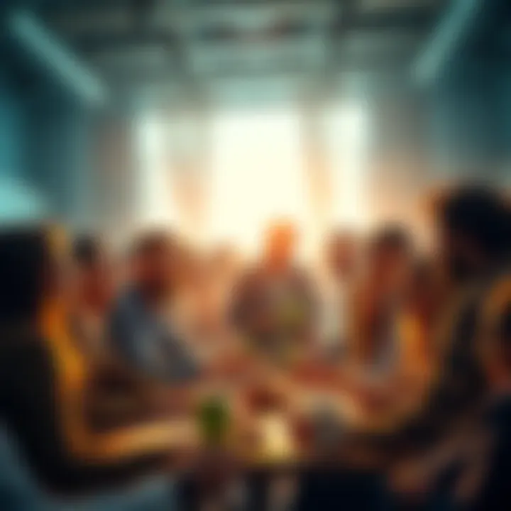 A diverse group of people discussing cryptocurrency ideas and strategies in a lively setting, emphasizing collaboration and support.