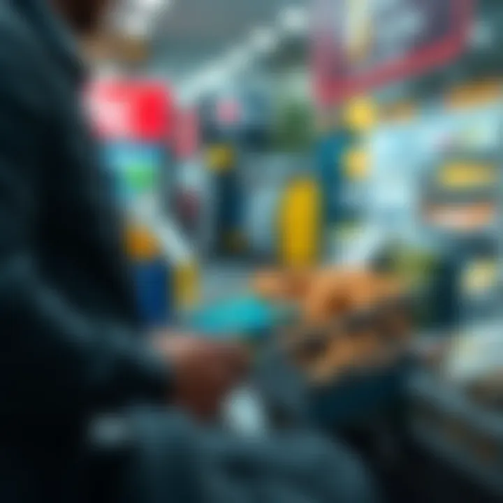A person using a crypto credit card at a checkout with a digital wallet app visible on their phone, surrounded by symbols of various cryptocurrencies.