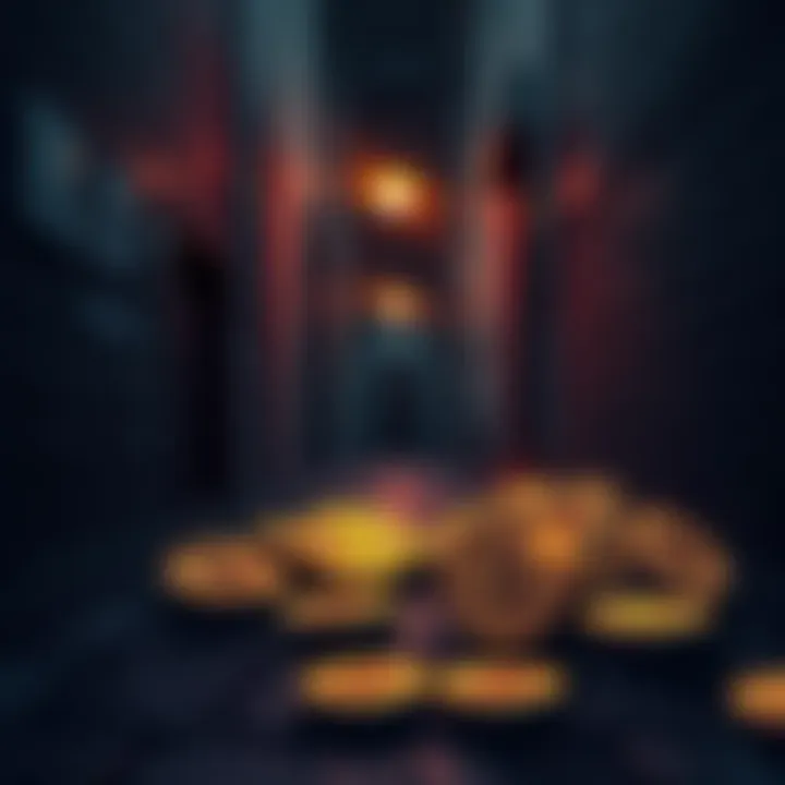 Illustration of a dark alley with digital coins scattered around, representing cryptocurrencies linked to crime.