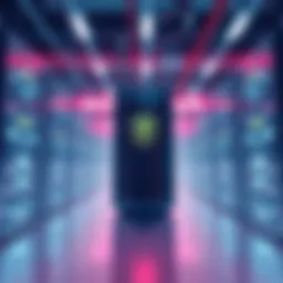 An illustration of a large datacenter filled with servers, symbolizing a strategy to control cryptocurrency mining power.