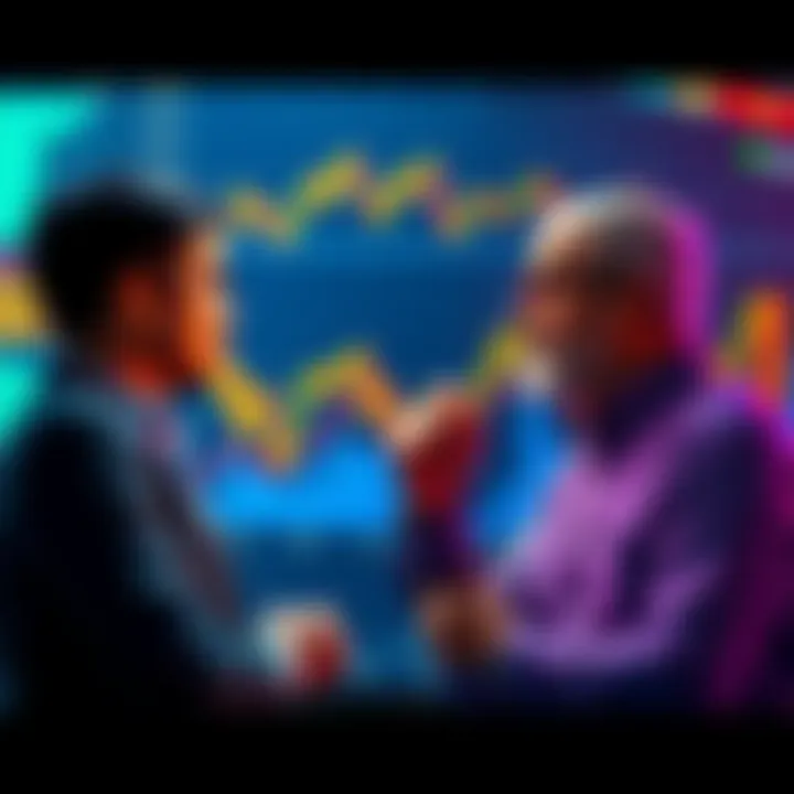 Two individuals discussing cryptocurrency with charts and graphs in the background.
