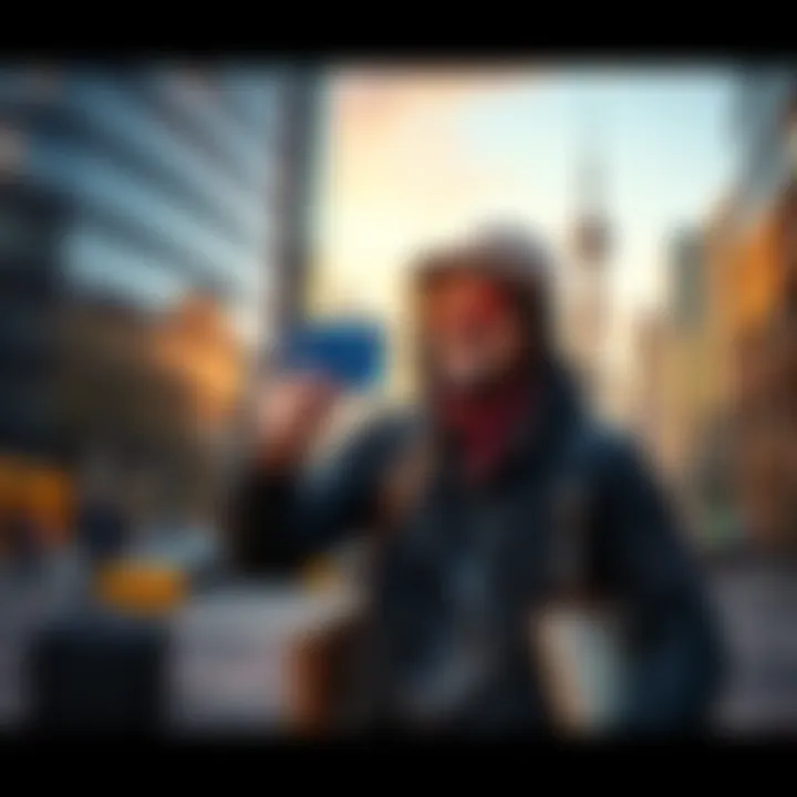 A digital nomad holding a crypto debit card while exploring a city, surrounded by travel essentials like a backpack and a map.