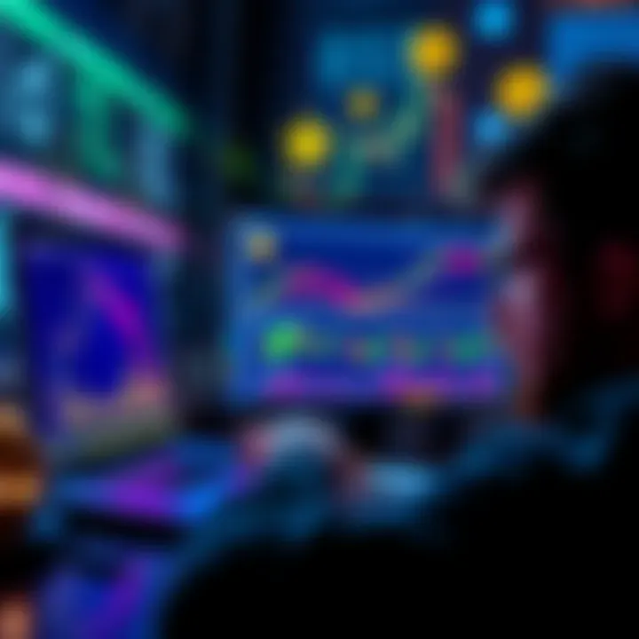 Crypto Decentralization Concept A person looking at a laptop screen displaying cryptocurrency graphs and symbols, appearing confused about decentralization, with traditional finance elements in the background.