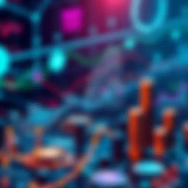 A digital graphic showing declining developer activity in the crypto space with charts and symbols representing blockchain technology.