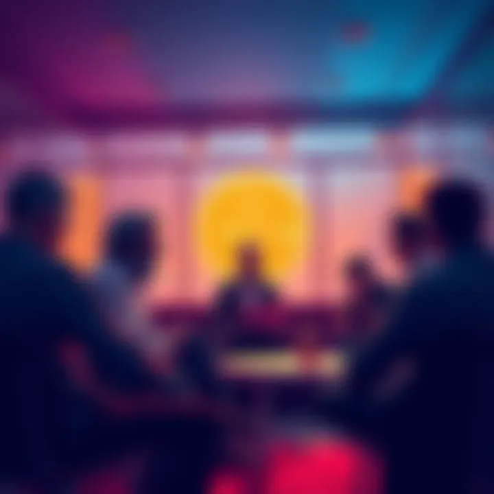 A group of people discussing various cryptocurrencies like Bitcoin and Ethereum in a casual setting.