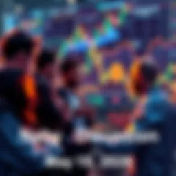People engaging in a discussion about cryptocurrency trading with charts and graphs in the background