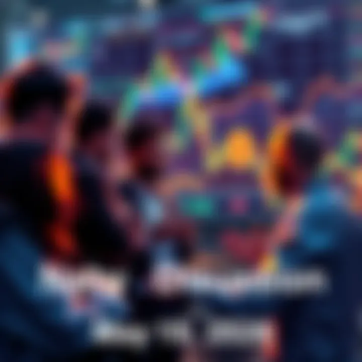 People engaging in a discussion about cryptocurrency trading with charts and graphs in the background