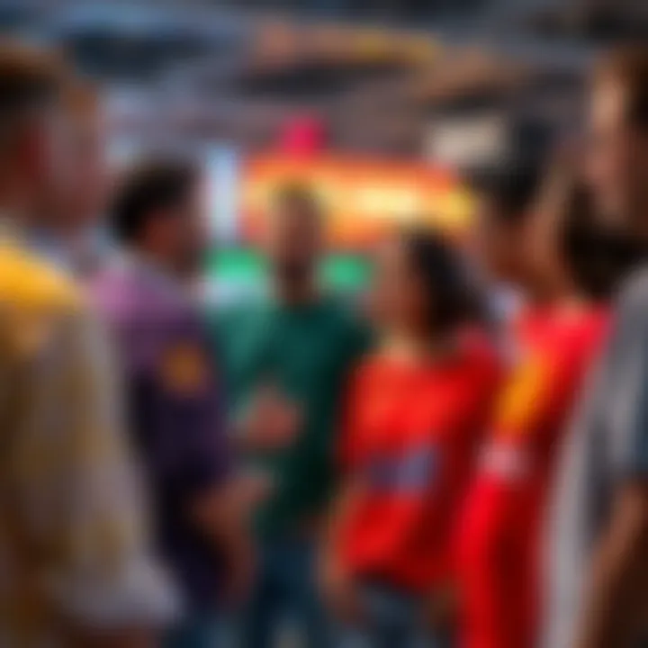 A diverse group of people engaged in a friendly discussion about cryptocurrency, with Bitcoin and buttcoin logos visible on their shirts.