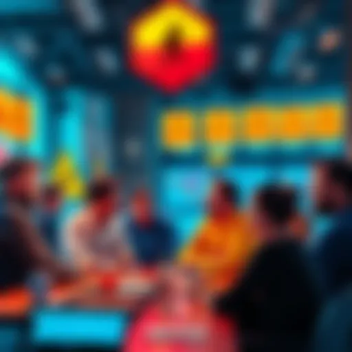 A group of people sharing cryptocurrency trading tips on a forum with cautionary signs in the background.