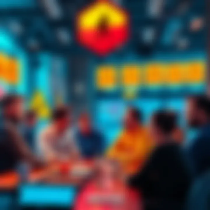 Crypto Discussion Forum A group of people sharing cryptocurrency trading tips on a forum with cautionary signs in the background.