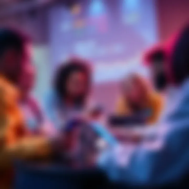 A group of diverse people discussing cryptocurrency with laptops and smartphones, emphasizing safe trading practices.
