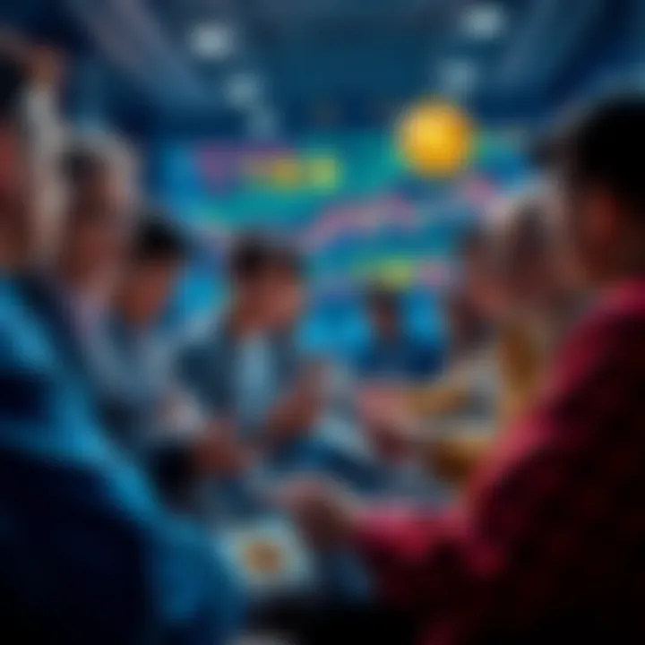 A group of people engaged in a lively discussion about cryptocurrency, with charts and digital tokens displayed on their devices.