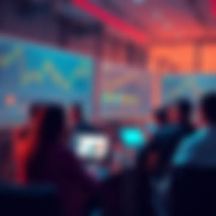 A group of people discussing cryptocurrency trading online, with charts and graphs visible on their screens, emphasizing caution and community rules.