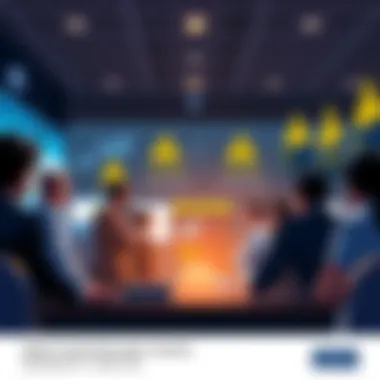 A group of people discussing cryptocurrency trends at a digital forum, with caution signs and warning icons in the background.