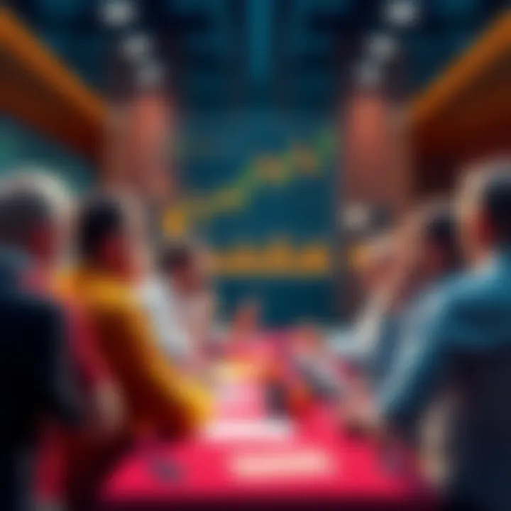 A group of people discussing cryptocurrency with charts and graphs in the background.