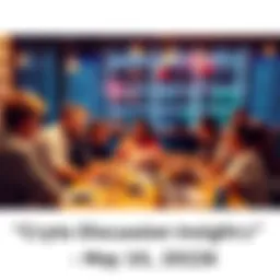 A group of people engaging in a lively discussion about cryptocurrency trading tips and strategies. They are seated around a table with laptops and notebooks, sharing insights and staying cautious abo...