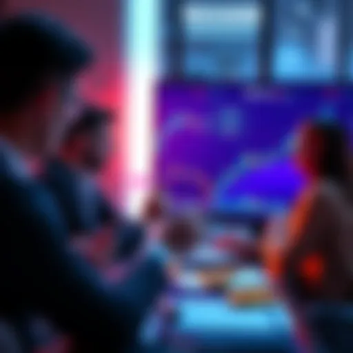 A group of people engaging in a discussion about cryptocurrencies, showing charts and digital coins on a screen.