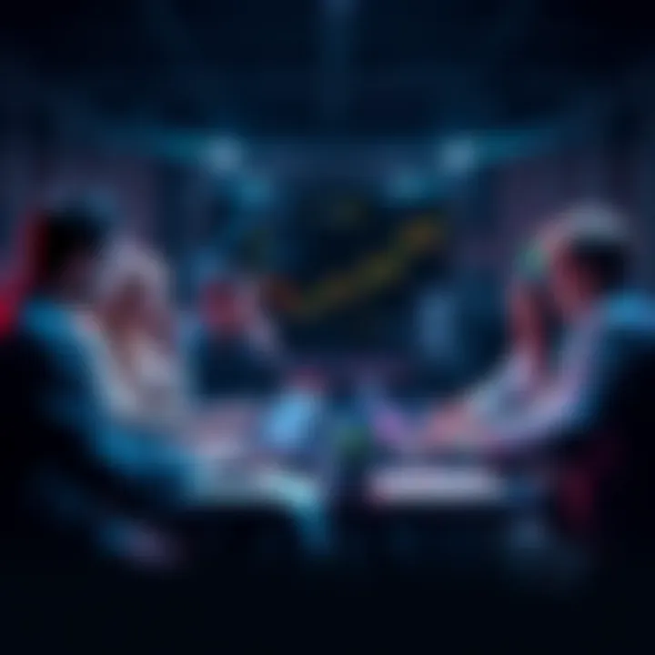 A group of people engaging in a lively discussion about cryptocurrency, with laptops and charts in front of them.