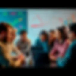 A diverse group of people engaged in a lively discussion about cryptocurrency trends and safety tips, with laptops and charts in the background.