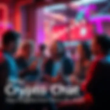 Crypto Discussion Group A group of people engaged in a lively discussion about cryptocurrency trends and tips, with laptops and smartphones in use.