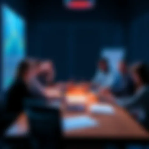 Crypto Discussion Group A group of people discussing cryptocurrency trends with charts and laptops around a table.