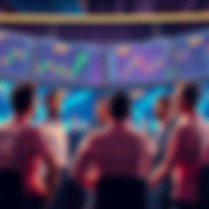 A group of people discussing cryptocurrency with charts and graphs on screens in the background.