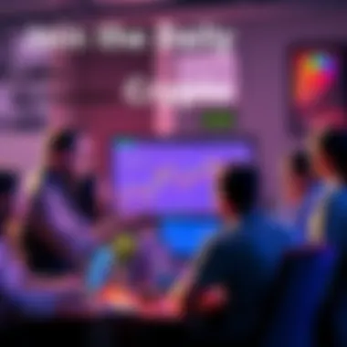 Group of people engaged in a lively discussion about cryptocurrency with charts and laptops