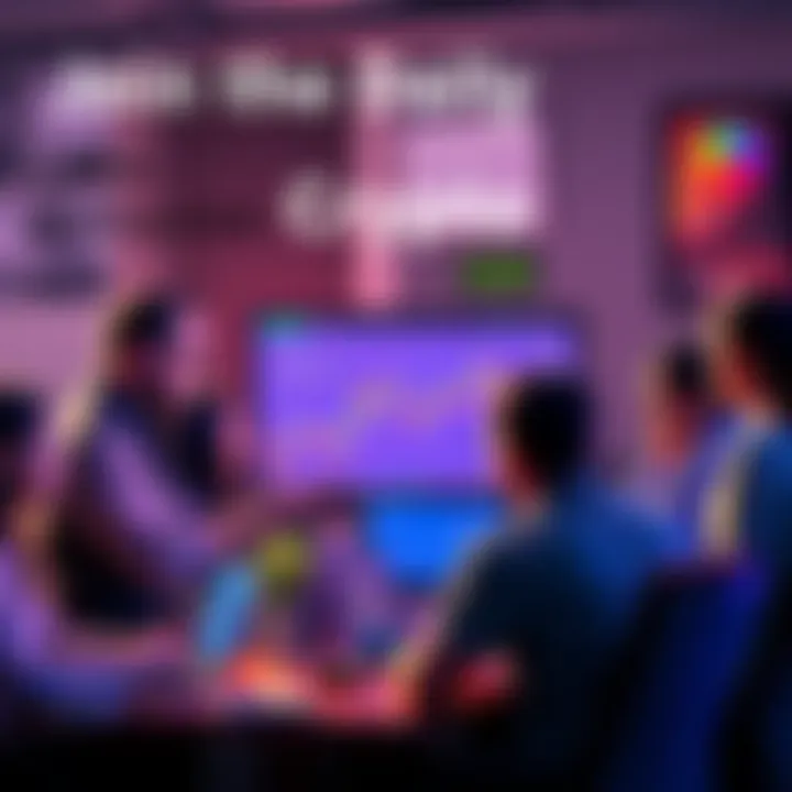 Group of people engaged in a lively discussion about cryptocurrency with charts and laptops
