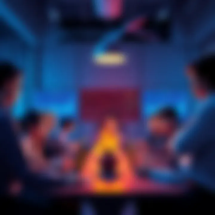A diverse group of people talking about cryptocurrency at a table, with laptops and charts on display.