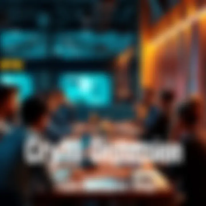A group of people discussing cryptocurrency in a relaxed setting with laptops and notes