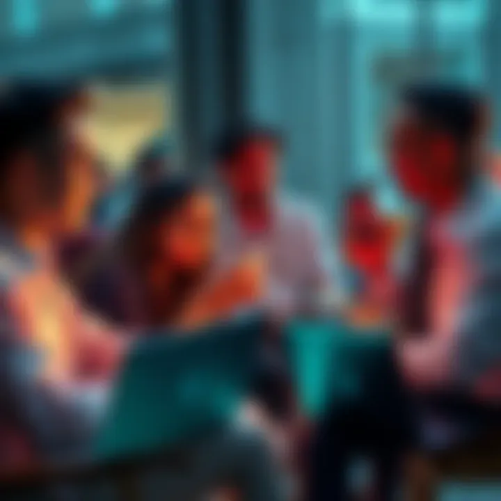 A group of people discussing cryptocurrency with laptops and smartphones, sharing tips and insights while looking cautious about scams.