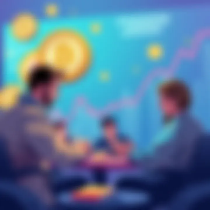 A digital illustration showing people engaged in a lively cryptocurrency discussion, with graphs and coins in the background.