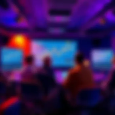 Crypto Discussion Meeting People engaging in a discussion about cryptocurrencies, sharing tips and safety guidelines, with charts and graphs visible on screens.