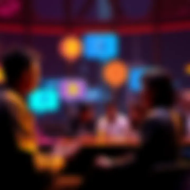 People engaging in a discussion about cryptocurrency with speech bubbles and digital graphics representing Bitcoin and Ethereum.