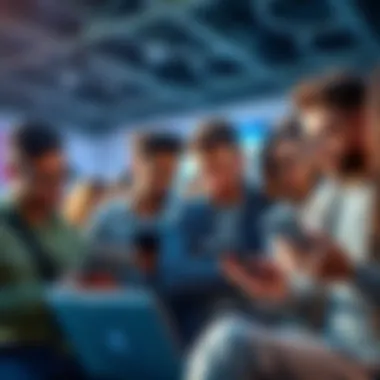 A diverse group of young adults discussing digital currencies and looking at laptops and smartphones.