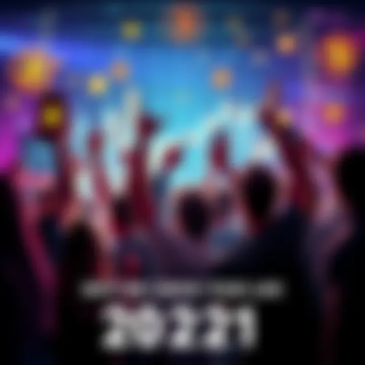 A group of people celebrating with cryptocurrency symbols and charts in the background, representing the excitement of the 2021 crypto market.
