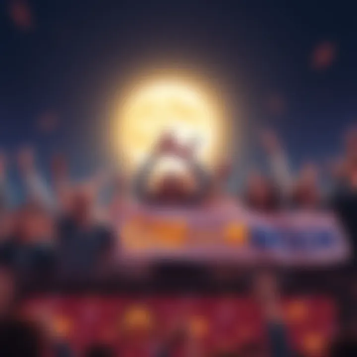 A group of crypto fans joyfully celebrating, holding banners with 'GM from the Moon' and emojis, against a backdrop of a moonlit sky.