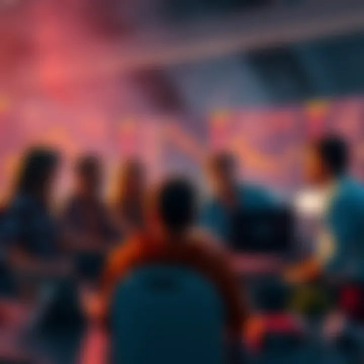 Group of individuals engaged in a heated conversation about cryptocurrency, surrounded by laptops and digital screens showing market trends.