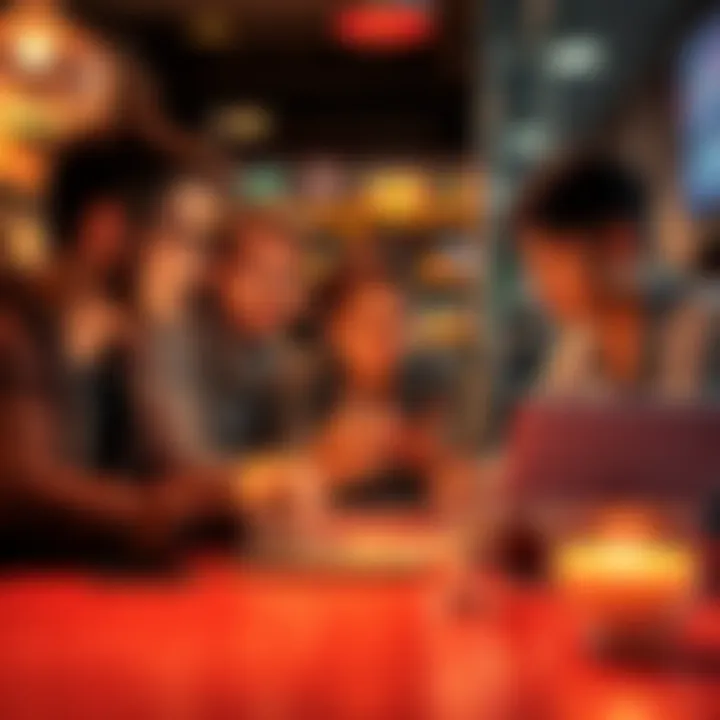 A group of young people intensely discussing cryptocurrency trends at a cafe, with laptops and charts visible.