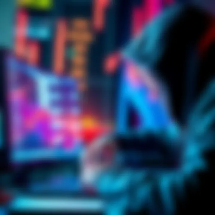 A hacker targeting a computer screen with crypto symbols, signaling a data breach at a crypto exchange.