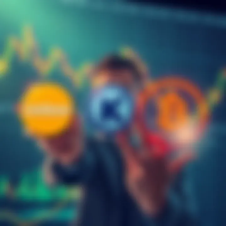 Illustration showing a person comparing logos of Coinbase, Kraken, and Binance with cryptocurrency charts in the background