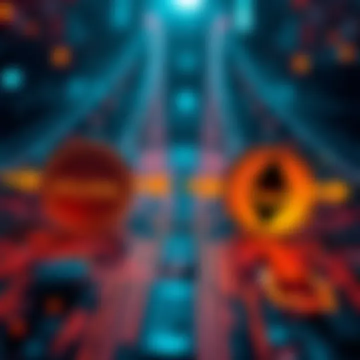 Crypto Exchange Concept A digital representation of cryptocurrency exchange with symbols for Solana and Monero, showing arrows indicating transfer between them.