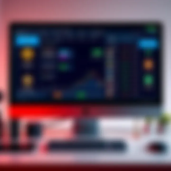 Cryptocurrency Exchange Overview A computer screen displaying various cryptocurrency exchange platforms with Bitcoin and altcoin logos, showing low fees and customer support options.