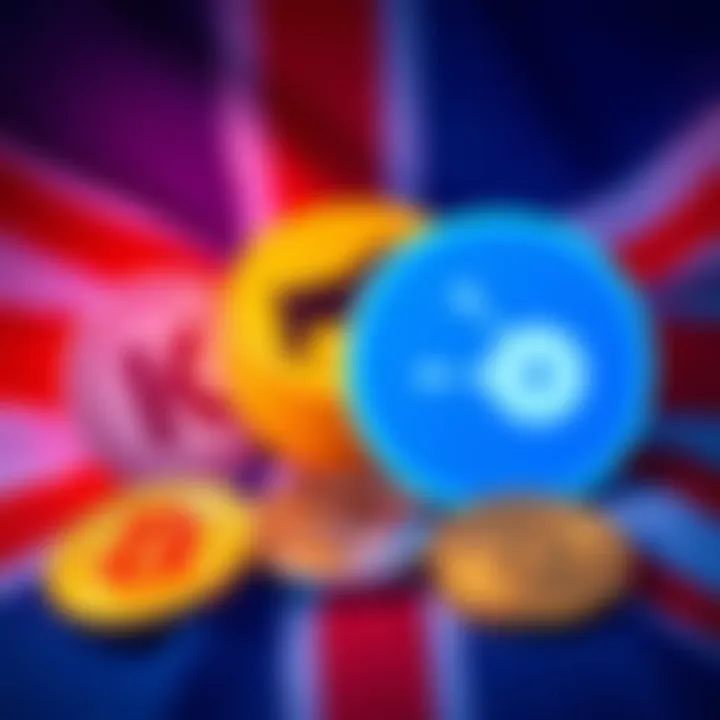 A visual of popular cryptocurrency exchange logos including Kraken, Coinbase, and Bitpanda against a UK flag backdrop