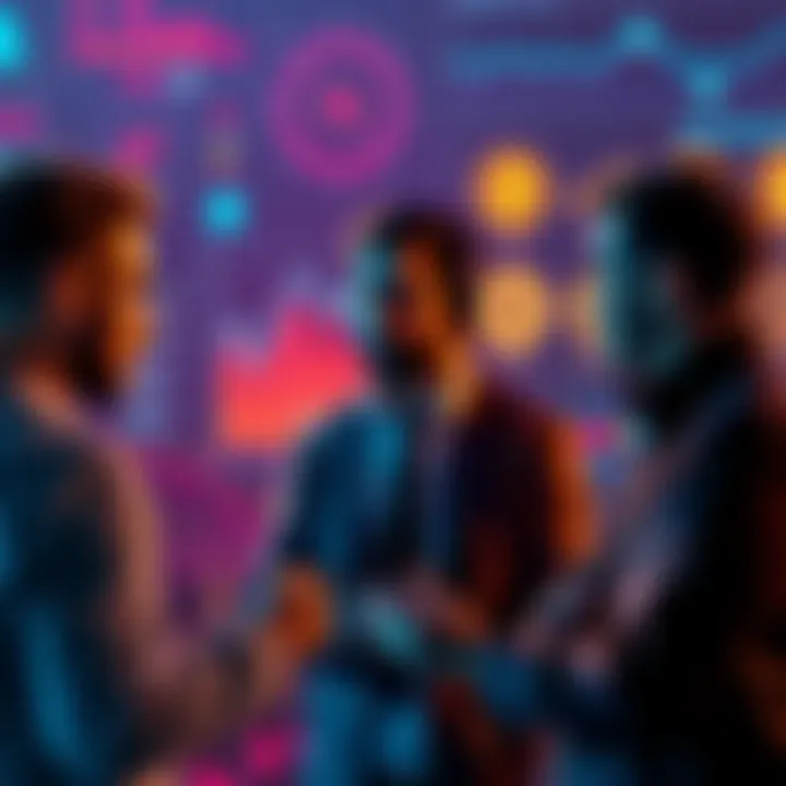 A group of crypto experts engaged in a discussion about artificial intelligence tools, with graphs and digital currency icons in the background.