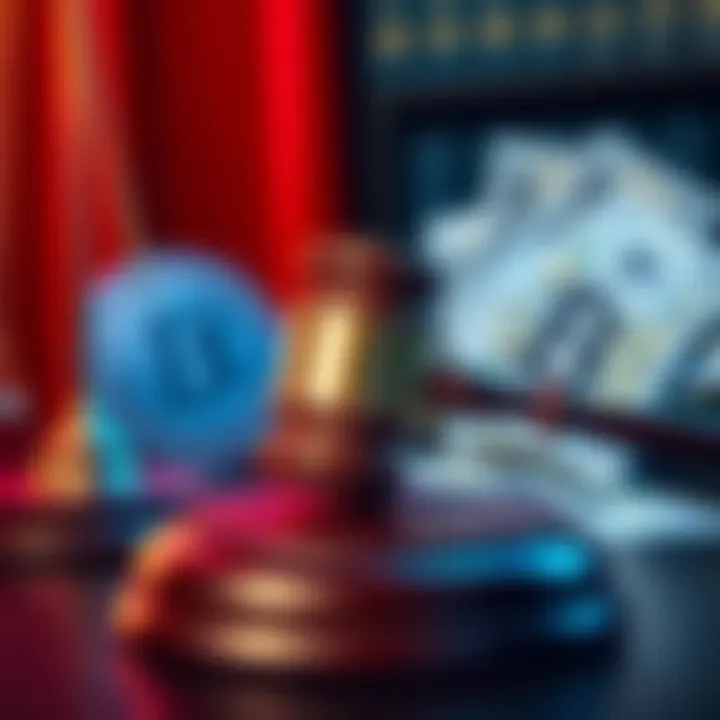 A gavel on a desk with a cryptocurrency symbol and money in the background, representing the sentencing in a crypto fraud case.