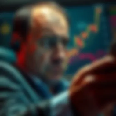 A concerned investor looking at cryptocurrency graphs with a worried expression, reflecting anxiety over dropped charges against a fraudster.