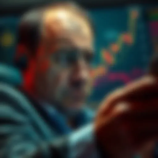 A concerned investor looking at cryptocurrency graphs with a worried expression, reflecting anxiety over dropped charges against a fraudster.