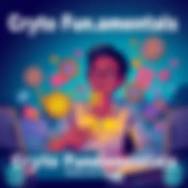 Crypto Fundamentals An illustration showing a person learning about crypto basics, with symbols of wallets and transactions around them