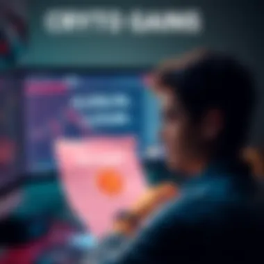 A worried person looks at a computer screen displaying cryptocurrency values with a mortgage document beside them.